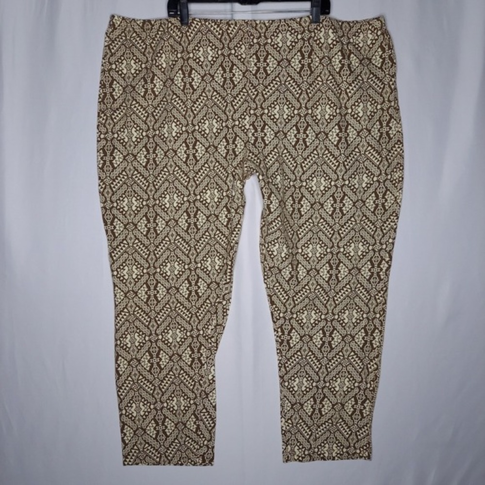 Roamans Stretch Pants Women‎ 5X Brown Cream Aztec Geometric Knit Elastic Pull-on